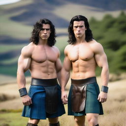 Two handsome and athletic Scottish warriors with shoulder-length black hair and blue eyes, both wearing kilts