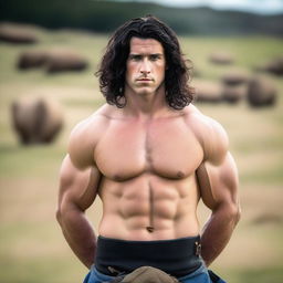 A handsome Scottish warrior with shoulder-length black hair and blue eyes, wearing a kilt