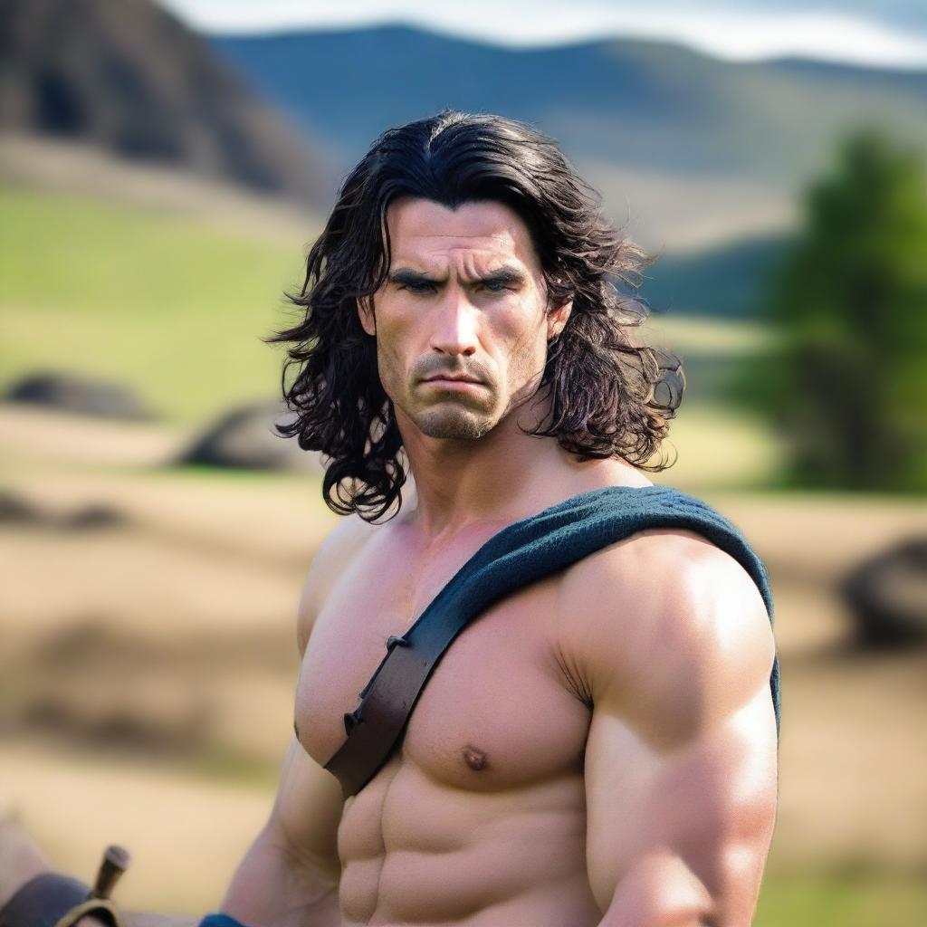 A handsome Scottish warrior with shoulder-length black hair and blue eyes, wearing a kilt