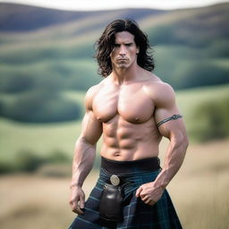 A handsome Scottish warrior with shoulder-length black hair and blue eyes, wearing a kilt