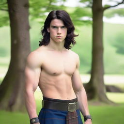 A teenage handsome Scottish warrior with shoulder-length black hair and blue eyes, wearing a kilt