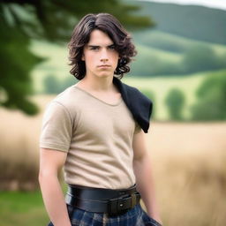 A teenage handsome Scottish warrior with shoulder-length black hair and blue eyes, wearing a kilt