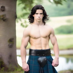 A teenage handsome Scottish warrior with shoulder-length black hair and blue eyes, wearing a kilt