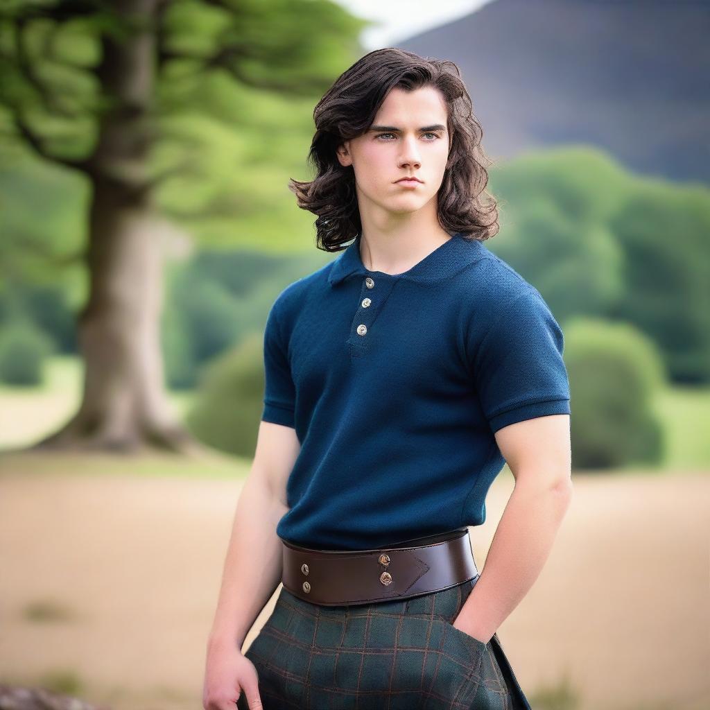 A teenage handsome Scottish warrior with shoulder-length black hair and blue eyes, wearing a kilt