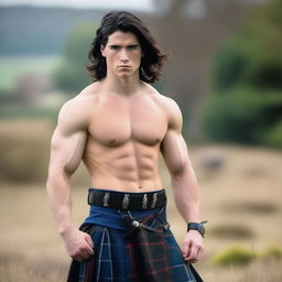 A 20-year-old handsome Scottish warrior with shoulder-length black hair and blue eyes, wearing a kilt