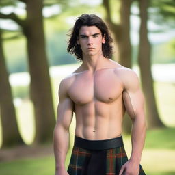 A 20-year-old handsome Scottish warrior with shoulder-length black hair and blue eyes, wearing a kilt