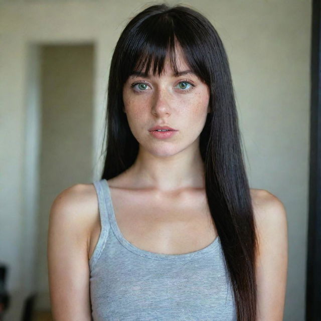 casual photograpy medium body, female, 23 year old with green eyes and black long hai with withe streaks in the bangs.,freckles, self on the mirror, rap clothes, relax time, medium distance shot, 4k hd,  --style raw--v 5.2 ar 2-3