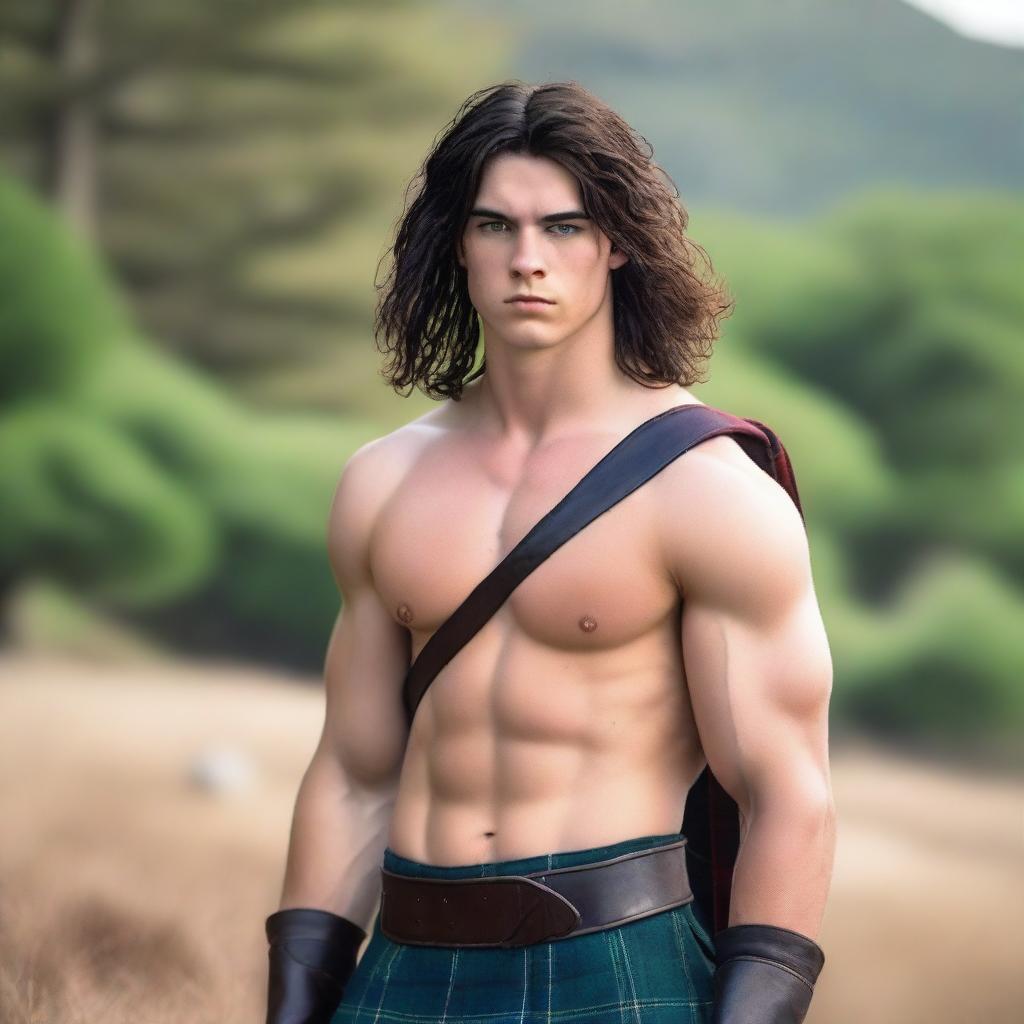 A 20-year-old handsome Scottish warrior with shoulder-length black hair and blue eyes, wearing a kilt