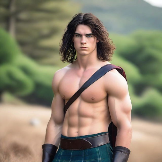 A 20-year-old handsome Scottish warrior with shoulder-length black hair and blue eyes, wearing a kilt