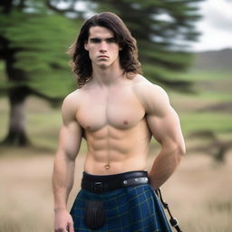 A 20-year-old handsome Scottish warrior with shoulder-length black hair and blue eyes, wearing a kilt