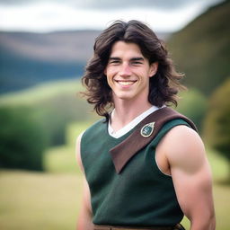 A 20-year-old smiling handsome Scottish warrior with shoulder-length black hair and blue eyes, wearing a kilt