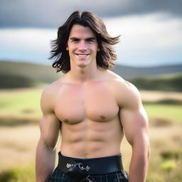 A 20-year-old smiling handsome Scottish warrior with shoulder-length black hair and blue eyes, wearing a kilt