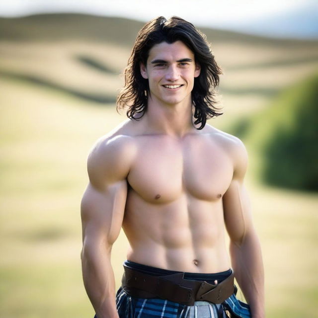 A 20-year-old smiling handsome Scottish warrior with shoulder-length black hair and blue eyes, wearing a kilt