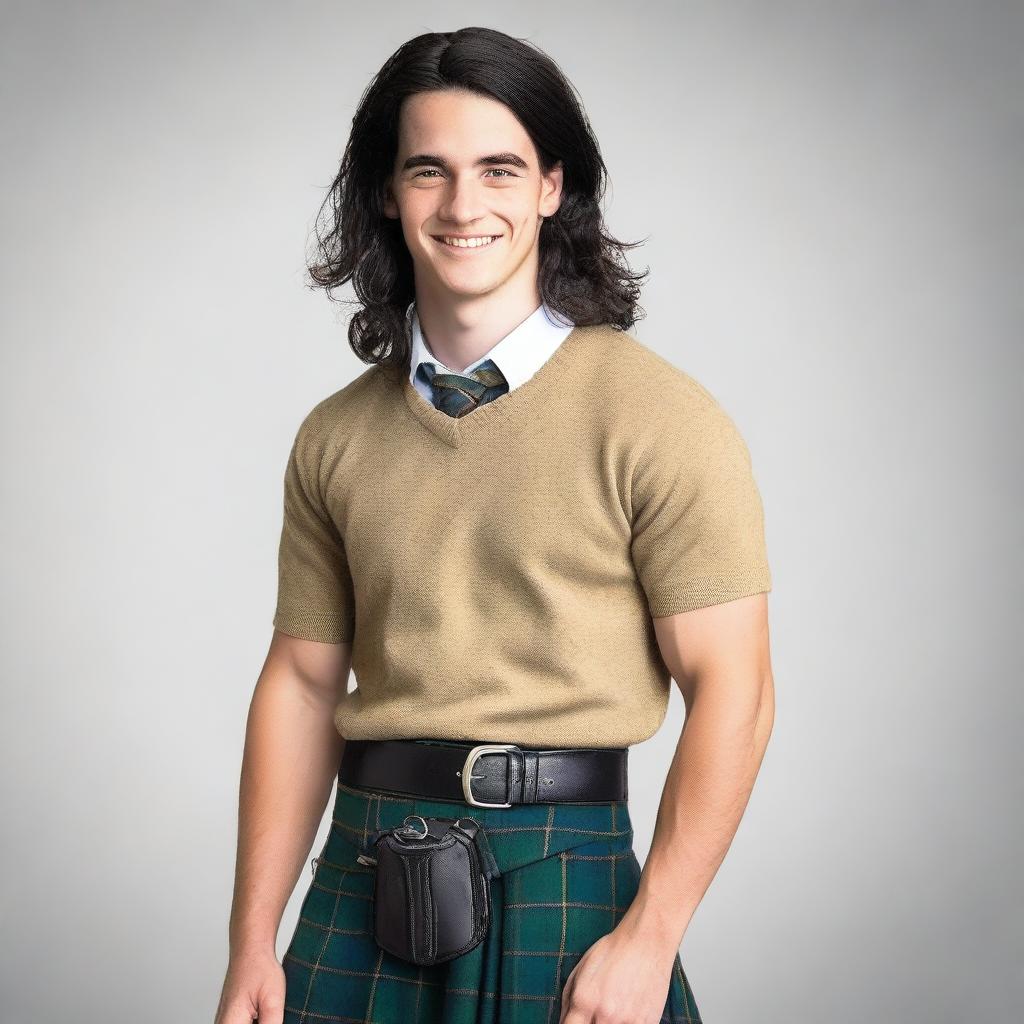 A 20-year-old, smiling, handsome Scottish man with shoulder-length black hair and blue eyes, wearing a kilt