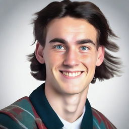 A 20-year-old, smiling, handsome Scottish man with shoulder-length black hair and blue eyes, wearing a kilt