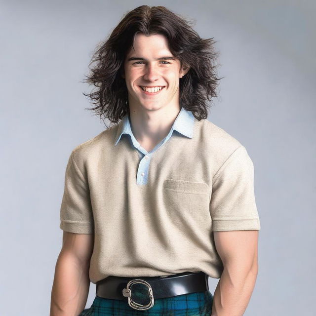 A 20-year-old, smiling, handsome Scottish man with shoulder-length black hair and blue eyes, wearing a kilt