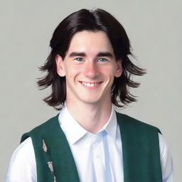 A 20-year-old, smiling, handsome Scottish man with shoulder-length black hair and blue eyes, wearing a kilt