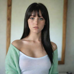 casual photograpy medium body, female, 23 year old with green eyes and black long hai with withe streaks in the bangs.,freckles, self on the mirror, rap clothes, relax time, medium distance shot, 4k hd,  --style raw--v 5.2 ar 2-3