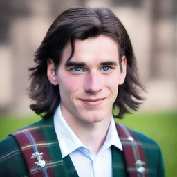 A 20-year-old, smirking, handsome Scottish man with shoulder-length black hair and blue eyes, wearing a kilt