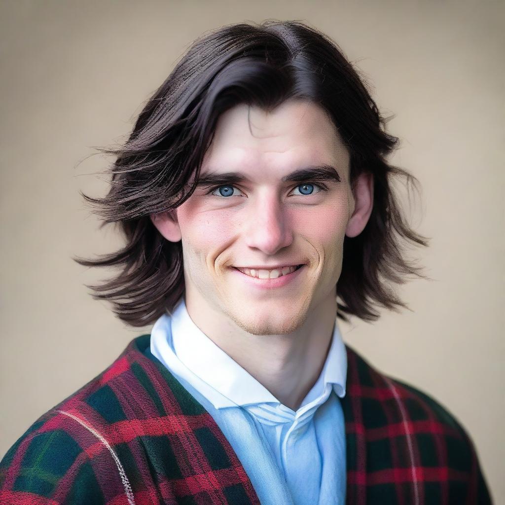 A 20-year-old, smirking, handsome Scottish man with shoulder-length black hair and blue eyes, wearing a kilt