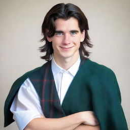 A 20-year-old, smirking, handsome Scottish man with shoulder-length black hair and blue eyes, wearing a kilt