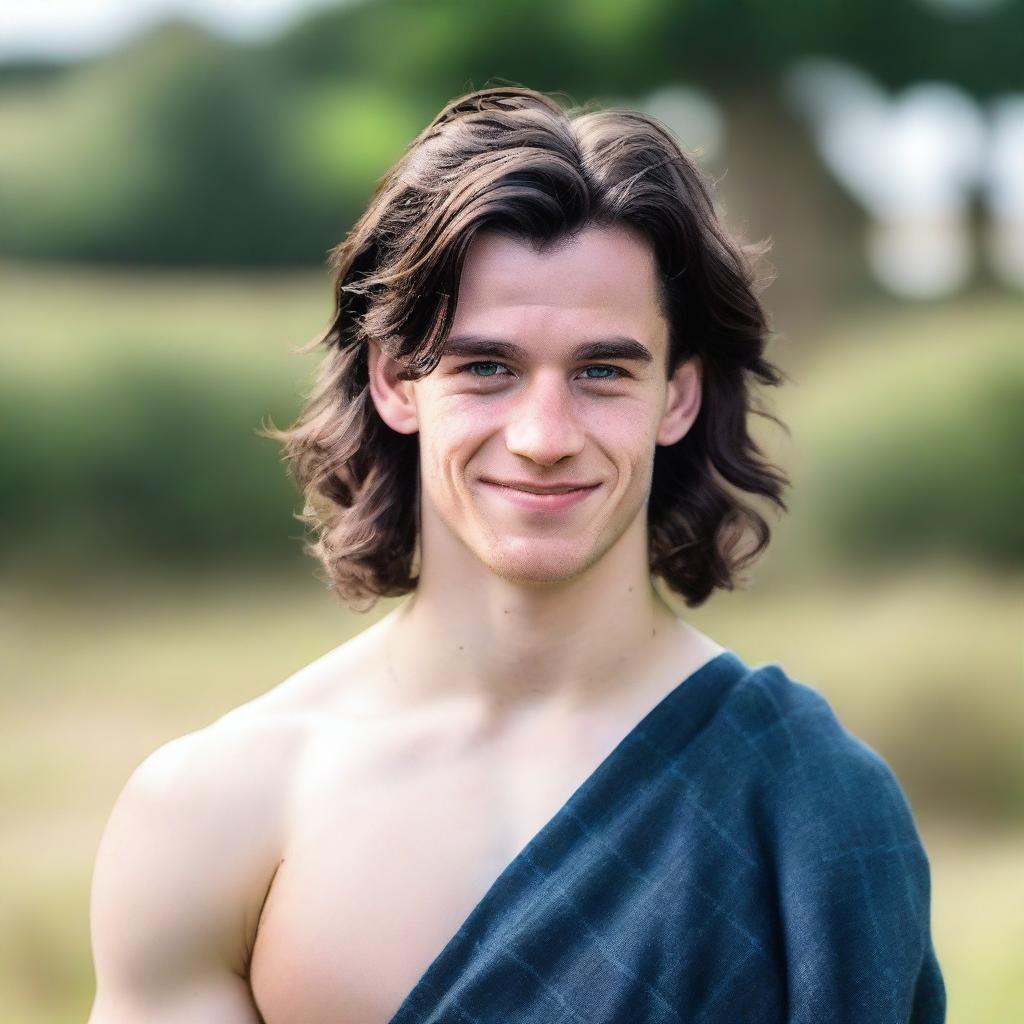 A 20-year-old, smirking, athletic and handsome Scottish man with shoulder-length black hair and blue eyes, wearing a kilt