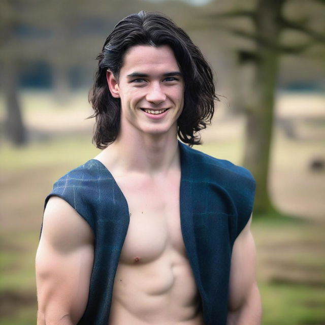 A 20-year-old, smirking, athletic and handsome Scottish man with shoulder-length black hair and blue eyes, wearing a kilt