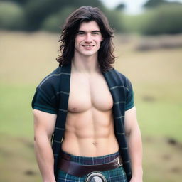 A 20-year-old, smirking, athletic and handsome Scottish man with shoulder-length black hair and blue eyes, wearing a kilt