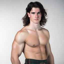 A 20-year-old, smirking, athletic and handsome Scottish man with shoulder-length black hair and blue eyes, wearing a kilt