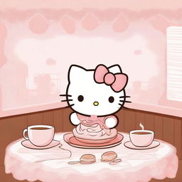 A soft and cute Hello Kitty-themed scene featuring Hello Kitty in a cozy café setting