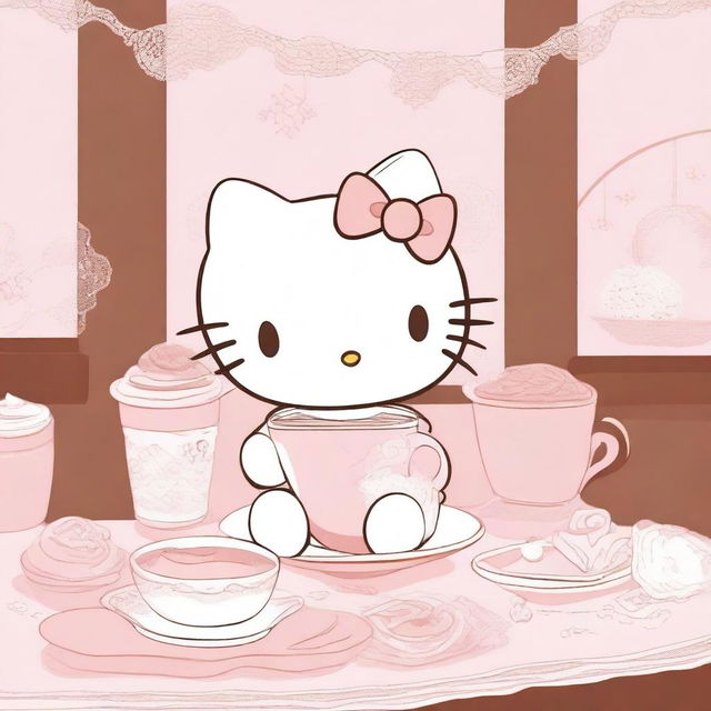 A soft and cute Hello Kitty-themed scene featuring Hello Kitty in a cozy café setting