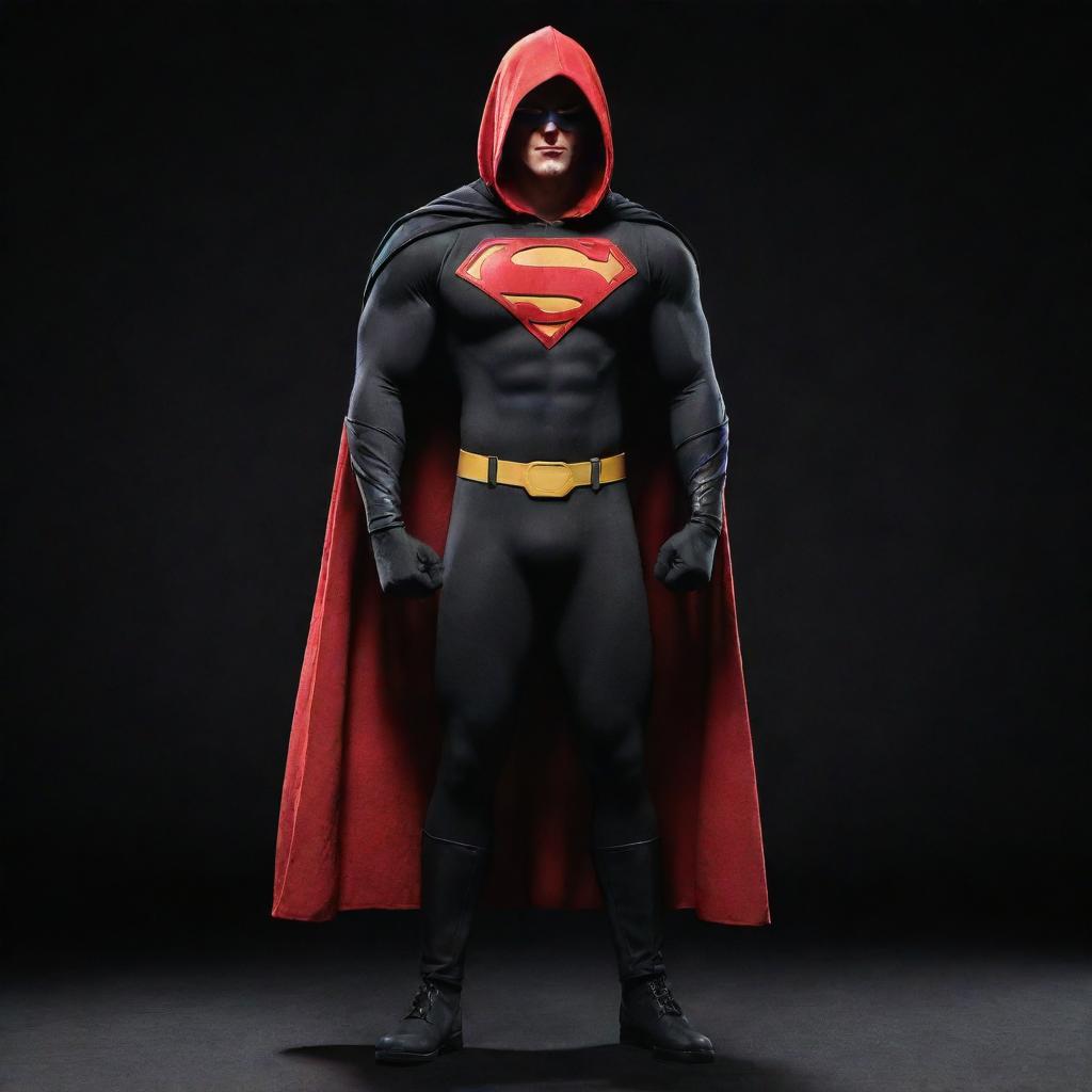 Full body image of a Disney animated superhero wearing a hood, with a cloth bag slung on one shoulder, placed against a dark, black-themed backdrop.