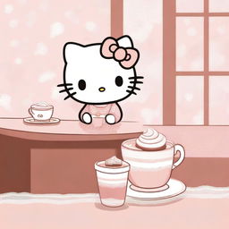 A soft and cute Hello Kitty-themed scene featuring Hello Kitty in a cozy café setting