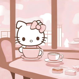 A soft and cute Hello Kitty-themed scene featuring Hello Kitty in a cozy café setting