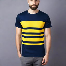 A navy blue t-shirt with yellow stripes