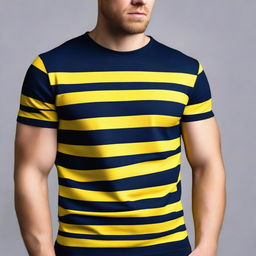 A navy blue t-shirt with yellow stripes