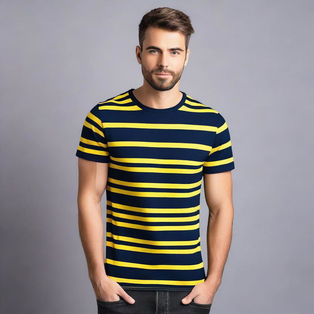 A navy blue t-shirt with yellow stripes