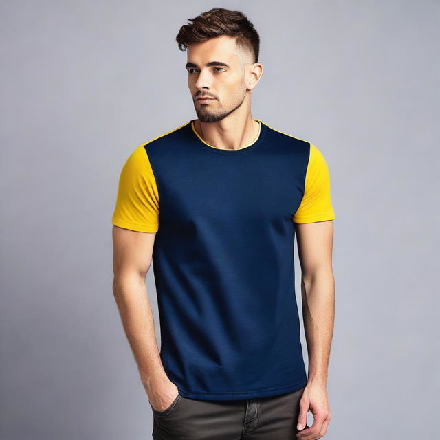 A navy blue t-shirt with a yellow stripe on the right sleeve