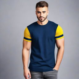 A navy blue t-shirt with a yellow stripe on the right sleeve