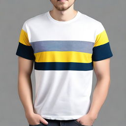 A navy blue t-shirt with a yellow stripe on the right sleeve