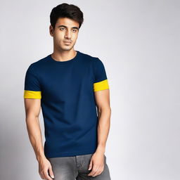 A navy blue t-shirt with a yellow stripe on the right sleeve