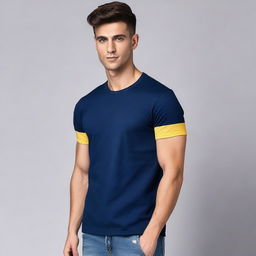 A navy blue t-shirt with a yellow stripe on the right sleeve