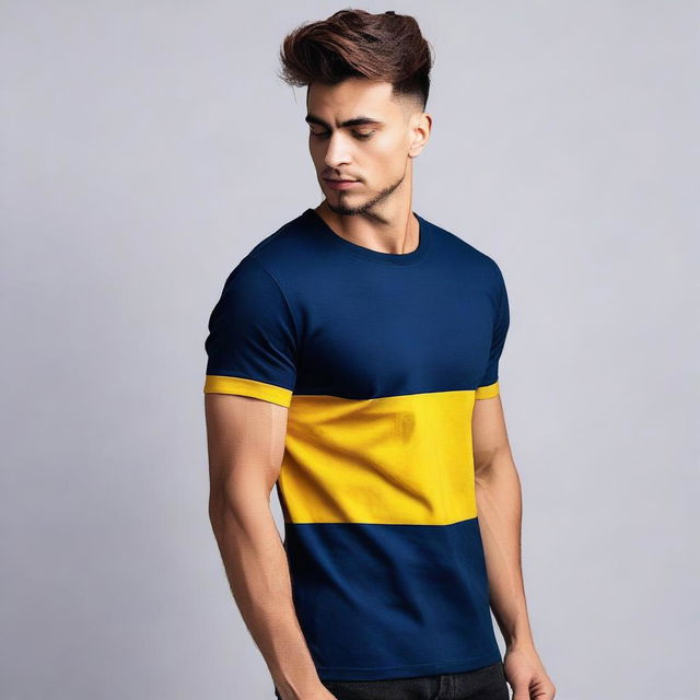 A navy blue t-shirt with a yellow stripe on the right sleeve