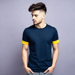 A navy blue t-shirt with a yellow stripe on the right sleeve