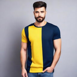 A navy blue t-shirt with a yellow stripe on the right sleeve