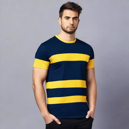 A navy blue t-shirt with a yellow stripe on the right sleeve