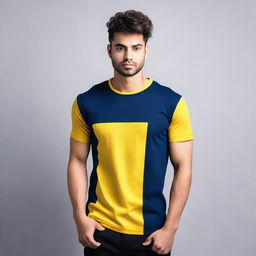 A navy blue t-shirt with a yellow stripe on the right sleeve