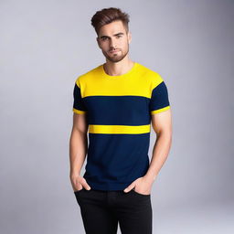 A navy blue t-shirt with a yellow stripe on the right sleeve