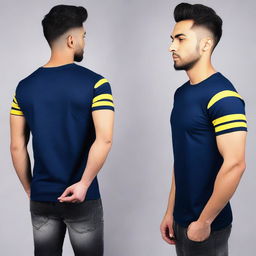 A navy blue t-shirt with a yellow stripe on the right sleeve