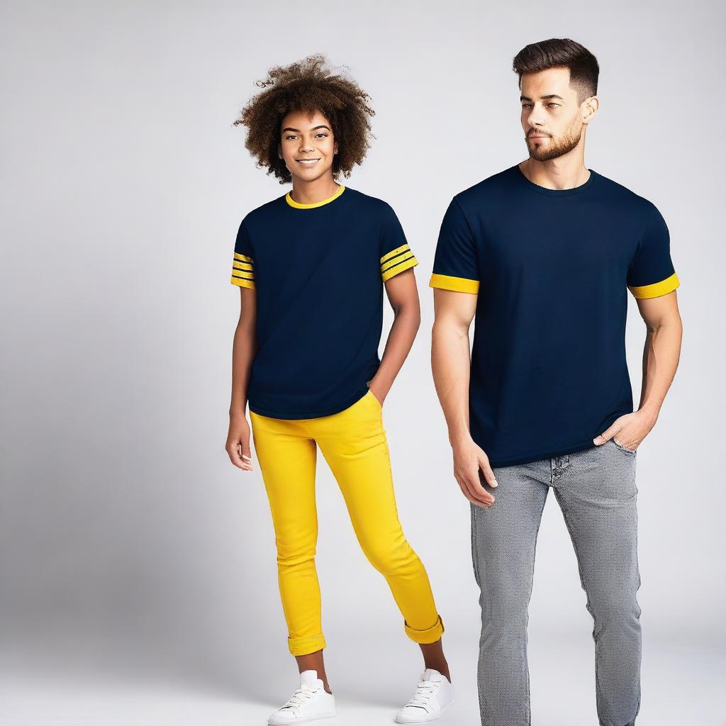 A navy blue t-shirt with a yellow stripe on the right sleeve